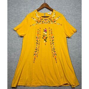 Umgee Womens M Mustard Yellow‎ Embroidered Floral Dress Casual Boho Chic